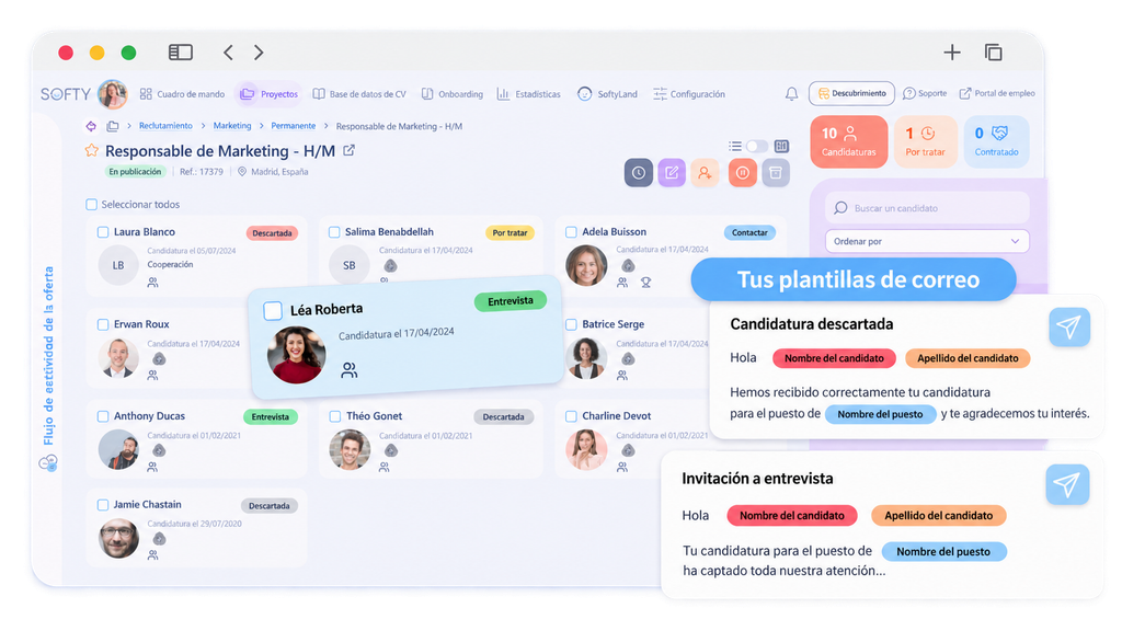 Gestión de candidaturas en Softy con seguimiento de etapas y plantillas de correo