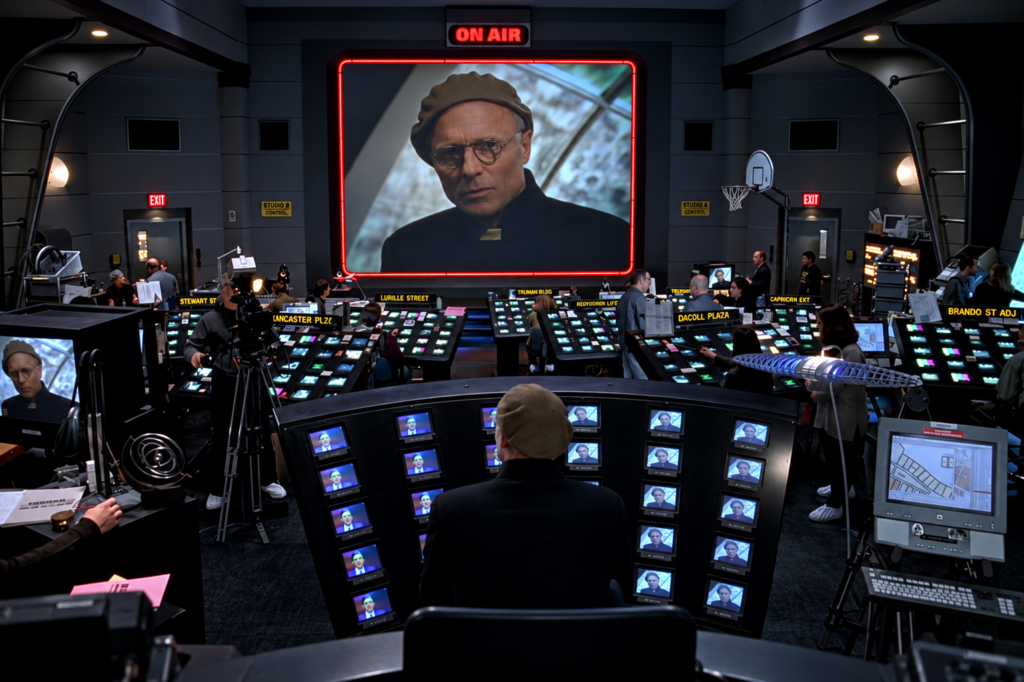 Sala de control de El show de Truman con múltiples pantallas, ilustración de la privacidad y protección de datos personales