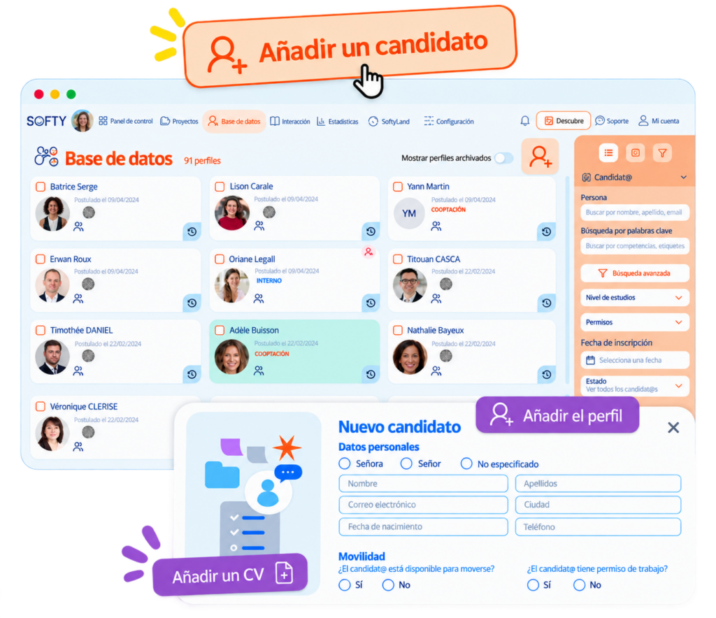 Añadir candidat@s y gestionar perfiles en la base de datos de CV de Softy