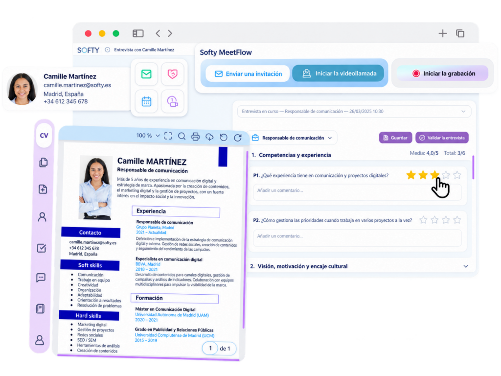 Interfaz de Softy para entrevista estructurada con CV del candidato, videollamada y evaluación de respuestas en un software ATS en España