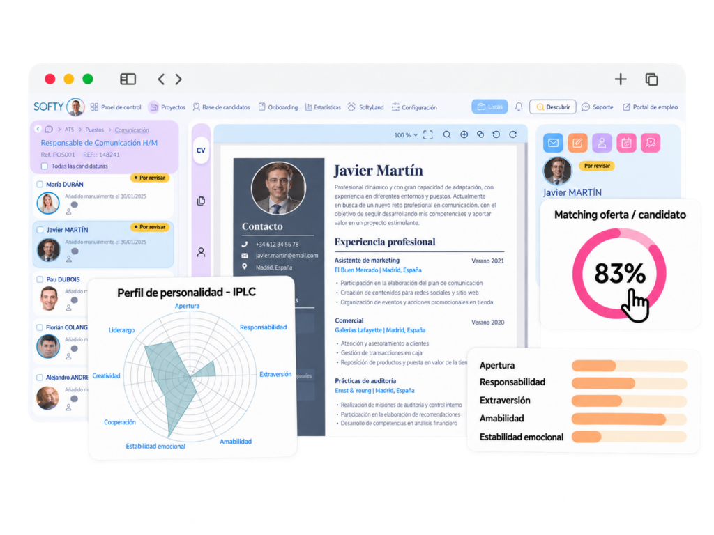 Análisis de un candidato en el ATS Softy con perfil de personalidad, evaluación y matching entre oferta y candidato.