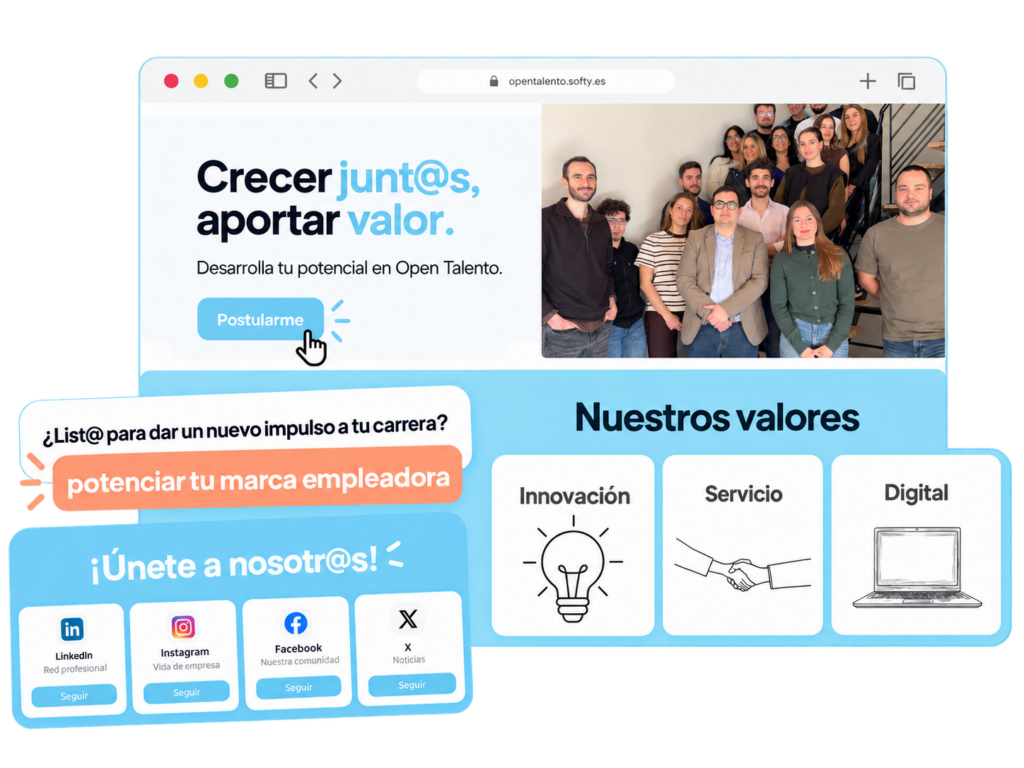 Portal de empleo de Softy con marca empleadora, valores de empresa y redes sociales para atraer talento en España