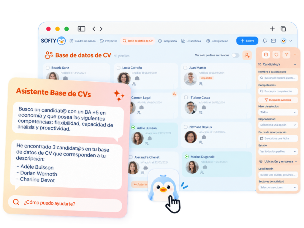 Asistente de IA de Softy para buscar candidat@s en la base de datos de CV