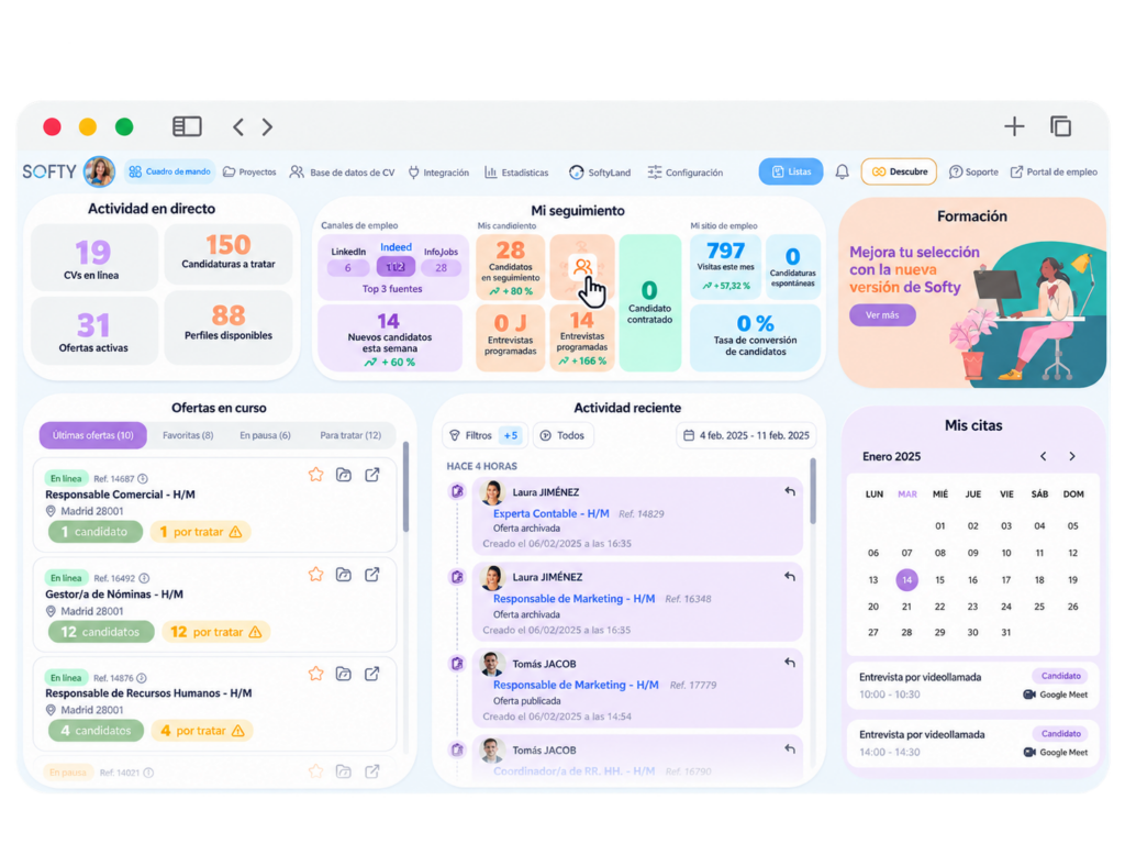Panel de control del ATS Softy para gestionar ofertas, candidaturas y entrevistas