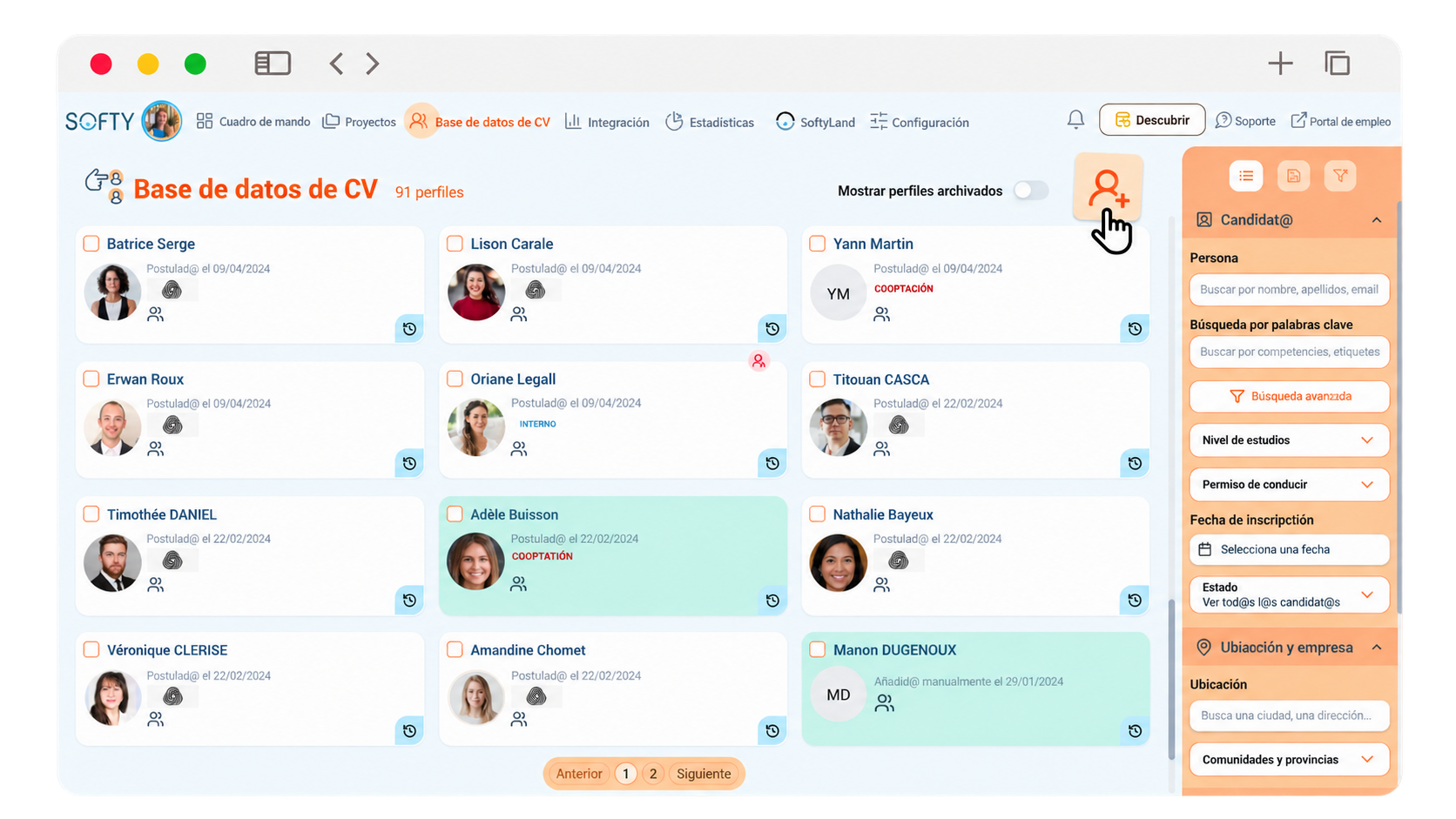 Base de datos de CV con filtros de búsqueda de candidat@s en el ATS Softy