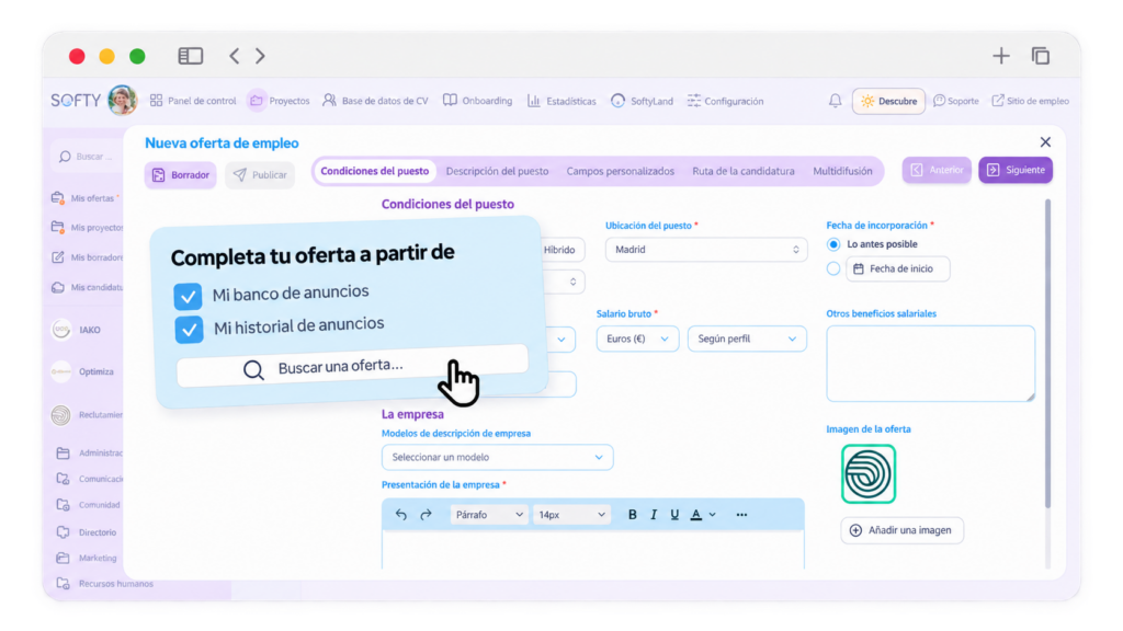 Creación y personalización de una oferta de empleo en el ATS Softy