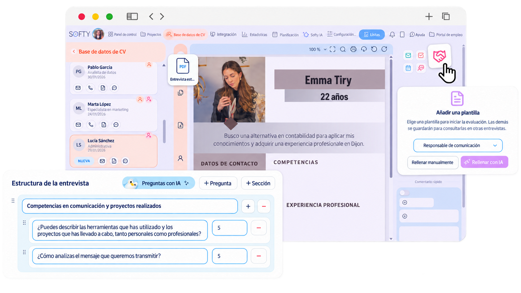 Creación de entrevistas estructuradas con plantilla e IA en el ATS Softy