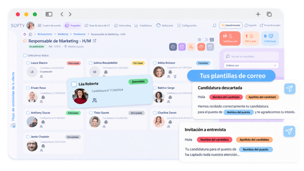 Gestión de candidaturas y plantillas de correo automatizadas en el ATS Softy