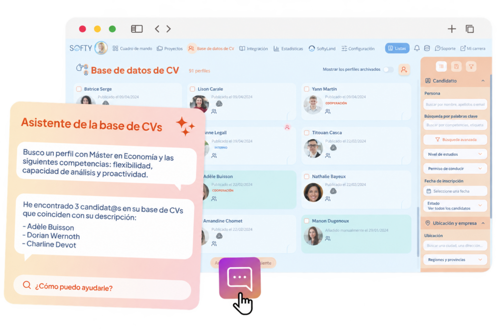 Asistente de IA para buscar candidat@s en la base de datos de CV de Softy