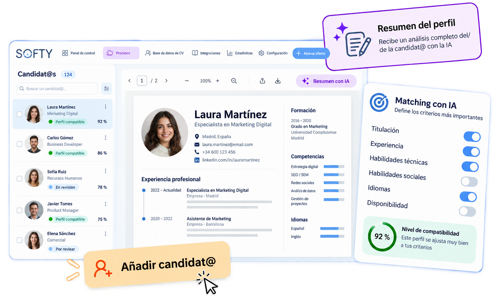 IA Matching y resumen del perfil de candidat@s en el ATS Softy