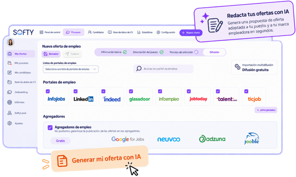 Redacción de ofertas de empleo con IA y difusión en portales de empleo desde Softy