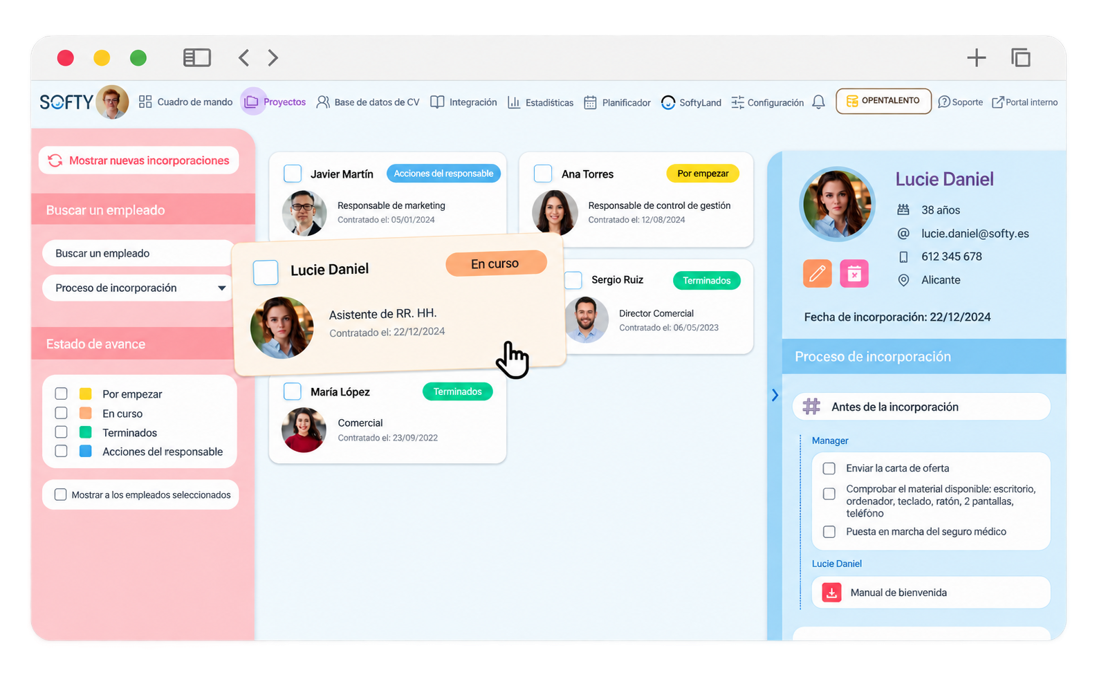Proceso de integración de nuevos empleados y seguimiento de incorporaciones en Softy