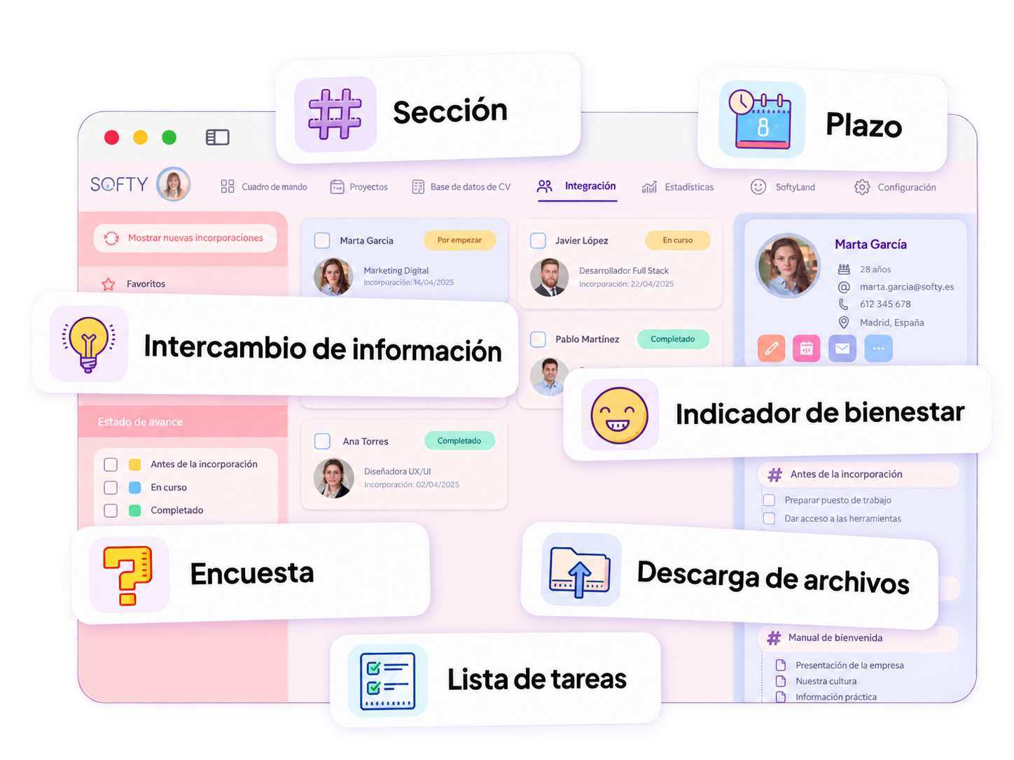 Integración de nuevos empleados con tareas, encuestas y seguimiento en Softy