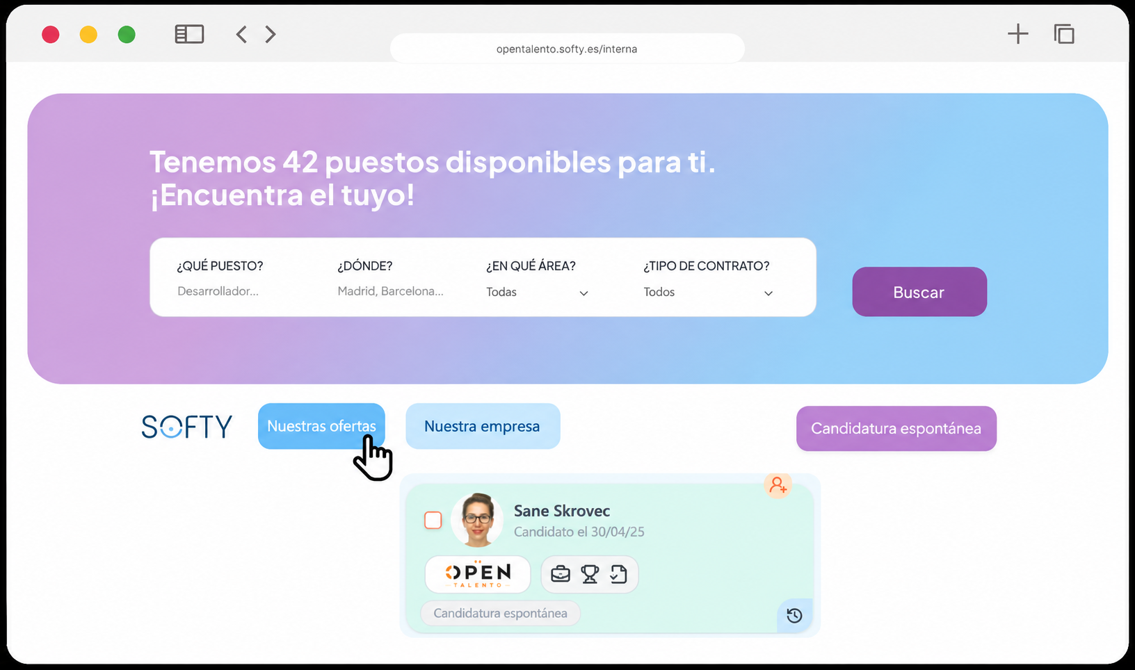 Portal de empleo Softy con buscador de ofertas y candidatura espontánea