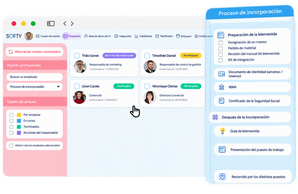 Proceso de integración de nuevos empleados con documentos, tareas y seguimiento en Softy