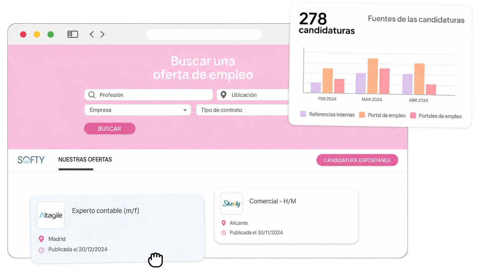 Referencias internas y fuentes de candidaturas en el portal de empleo Softy
