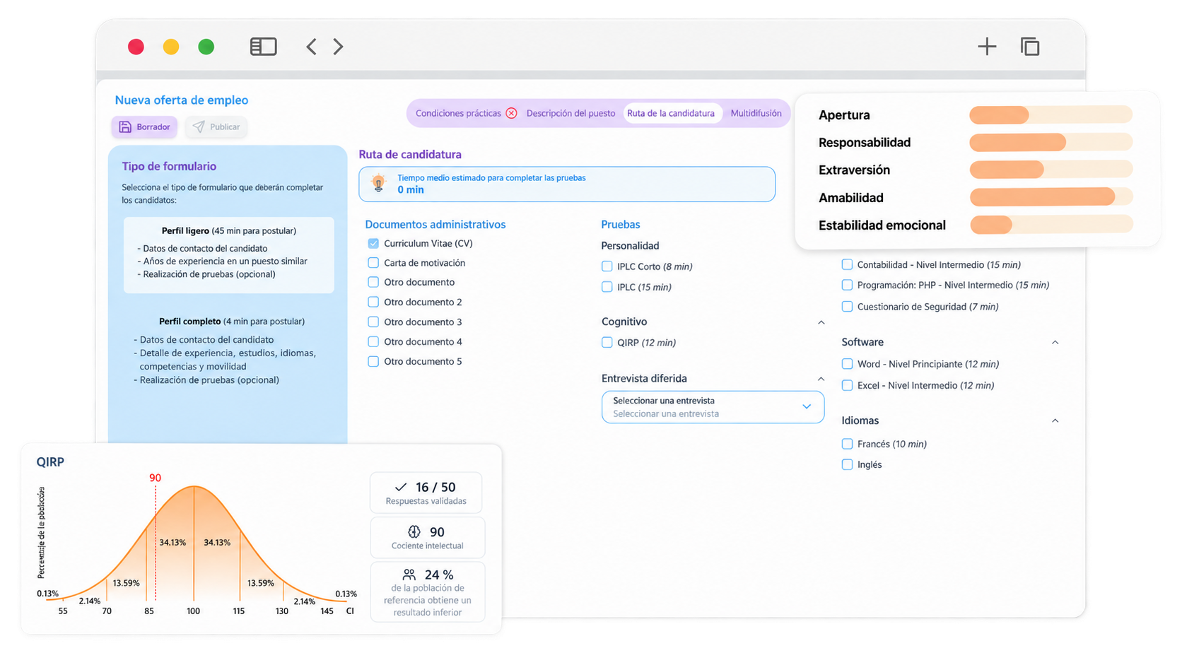 Configuración de tests de selección y evaluación de candidaturas en Softy