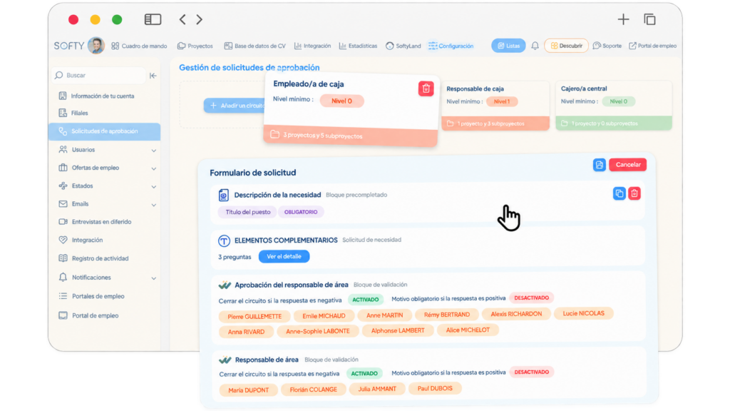 Configuración de solicitudes de aprobación y responsables en el ATS Softy