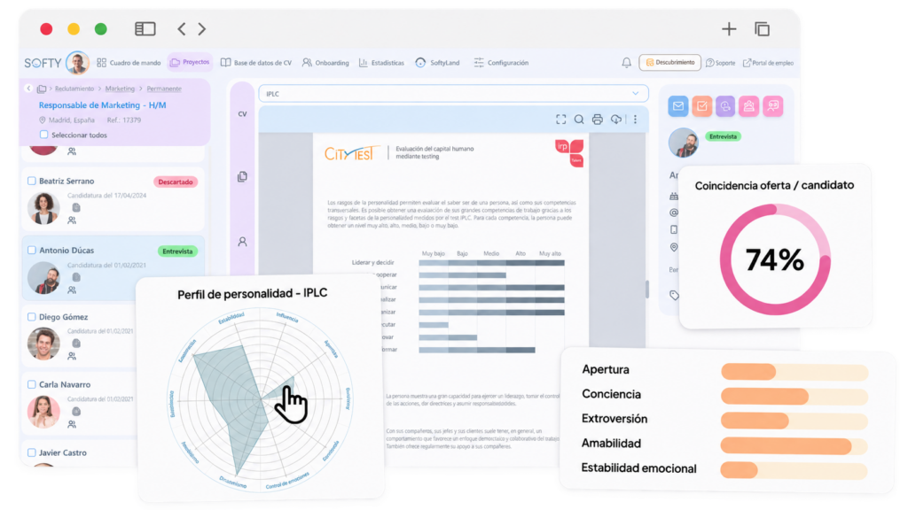 Tests de personalidad y matching de candidatos en el ATS Softy