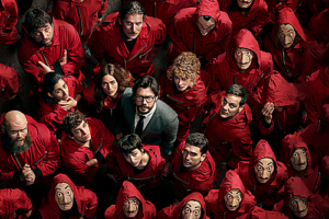 Personajes de La Casa de Papel reunidos en grupo, imagen que ilustra la organización de un reclutamiento masivo.